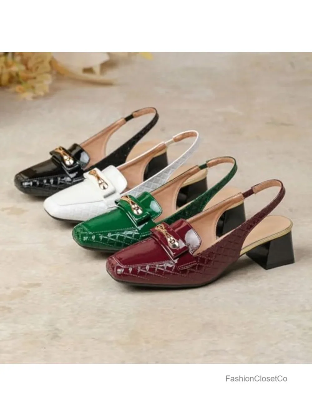 Square Toe Slingback Pumps with Metal Buckle Fashion Leather Print Closed Toe